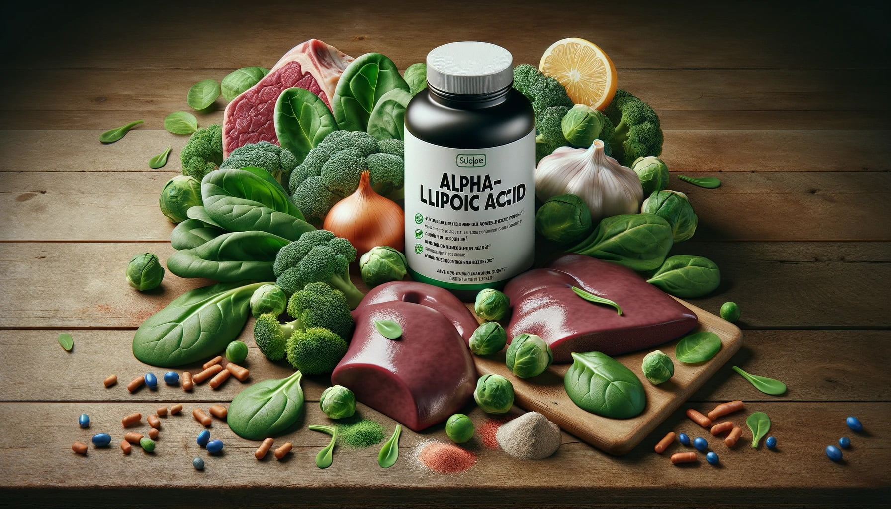 Alpha-Lipoic Acid supplement bottle surrounded by natural sources