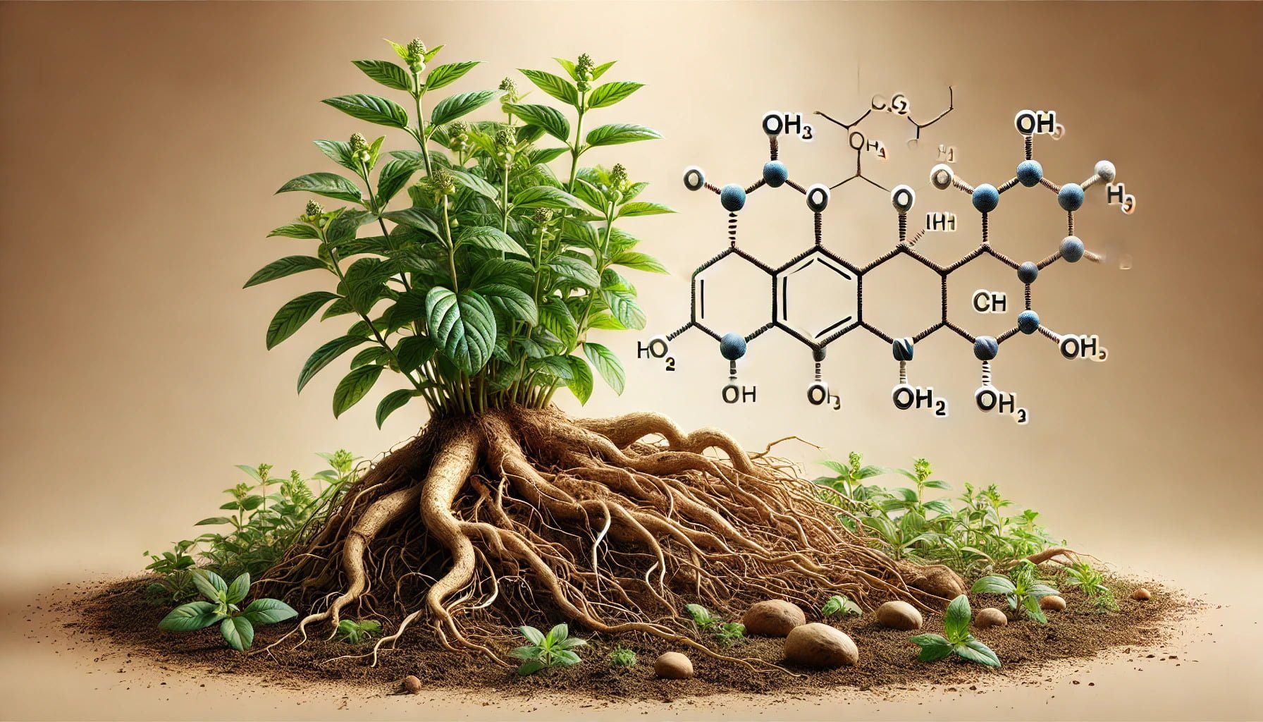 A photorealistic image of ashwagandha plant with it's molecular structure next to it. 