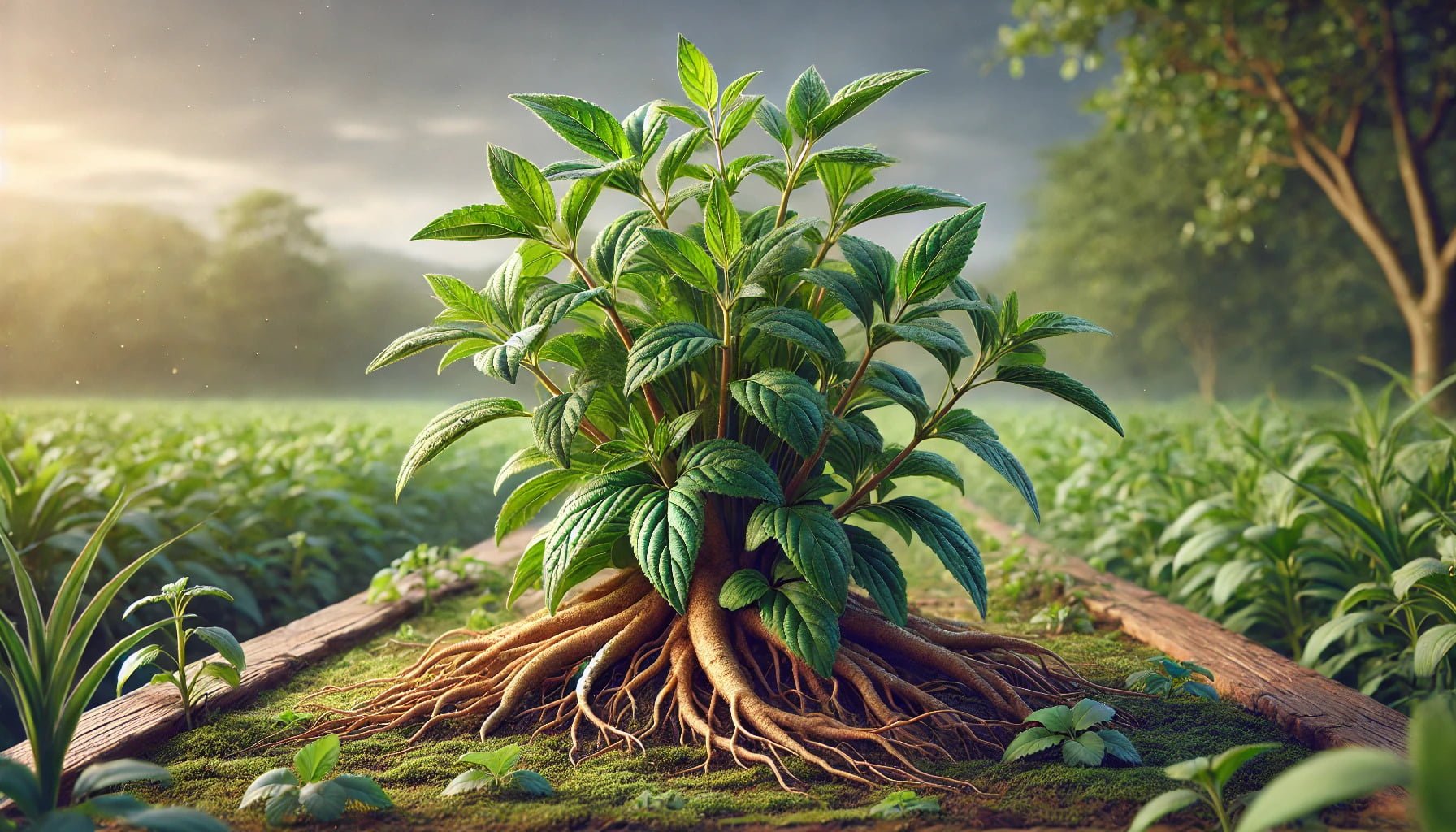 A photorealistic image of ashwagandha plant growing with it's roots on the surface.