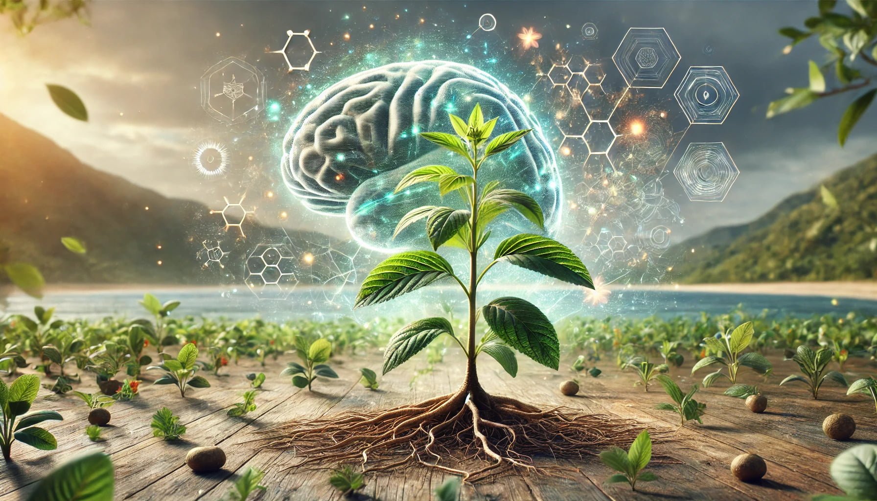 A photorealistic image of ashwagandha with a brain in the background depicting its nootropic effects.