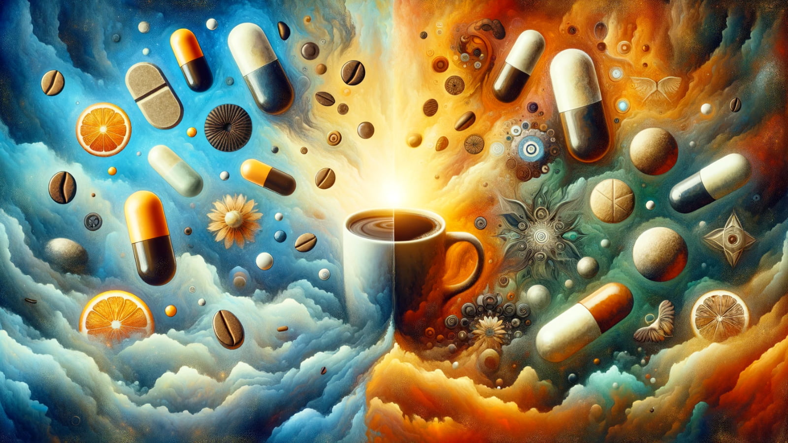 Comparing the safety and effects of caffeine pills and coffee in a balanced, abstract representation.