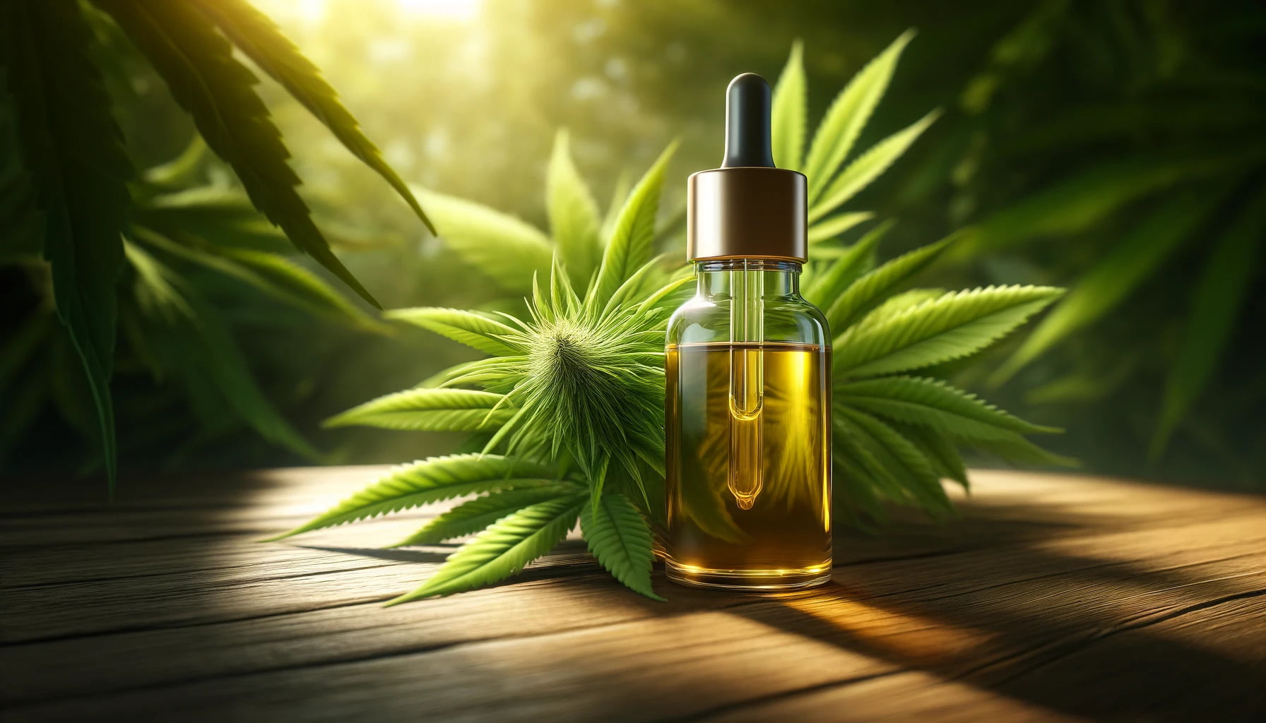 cannabidiol nootropic oil with a hemp plant on a table