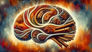 An artistic interpretation of the nootropic benefits of cinnamon, featuring warm, spicy colors and visual elements such as cinnamon sticks intertwined.