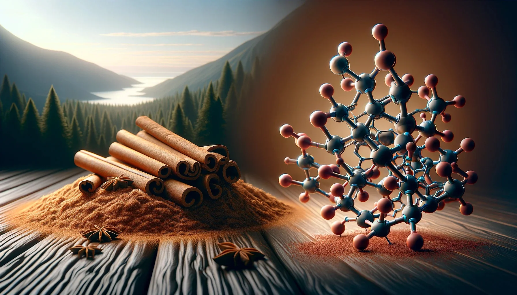 A photorealistic landscape image depicting cinnamon alongside its molecular structure. 