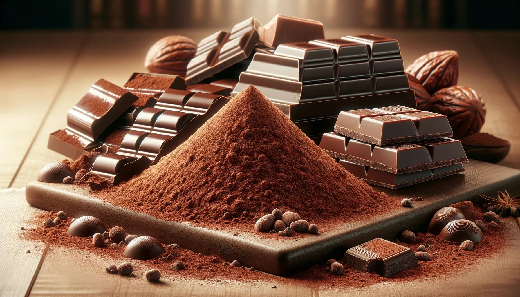 a photorealistic depiction of nootropic cocoa powder and chocolate in a pile