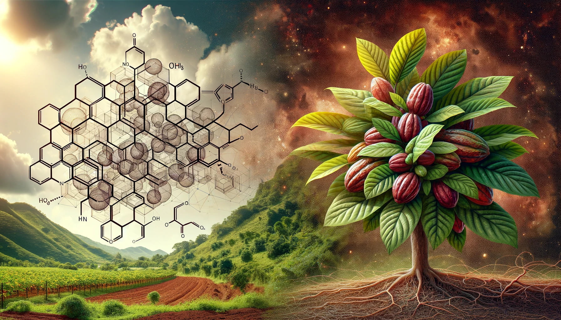 a cocoa tree depicted with fruit in a landscape setting with a detailed representation of the molecular structure