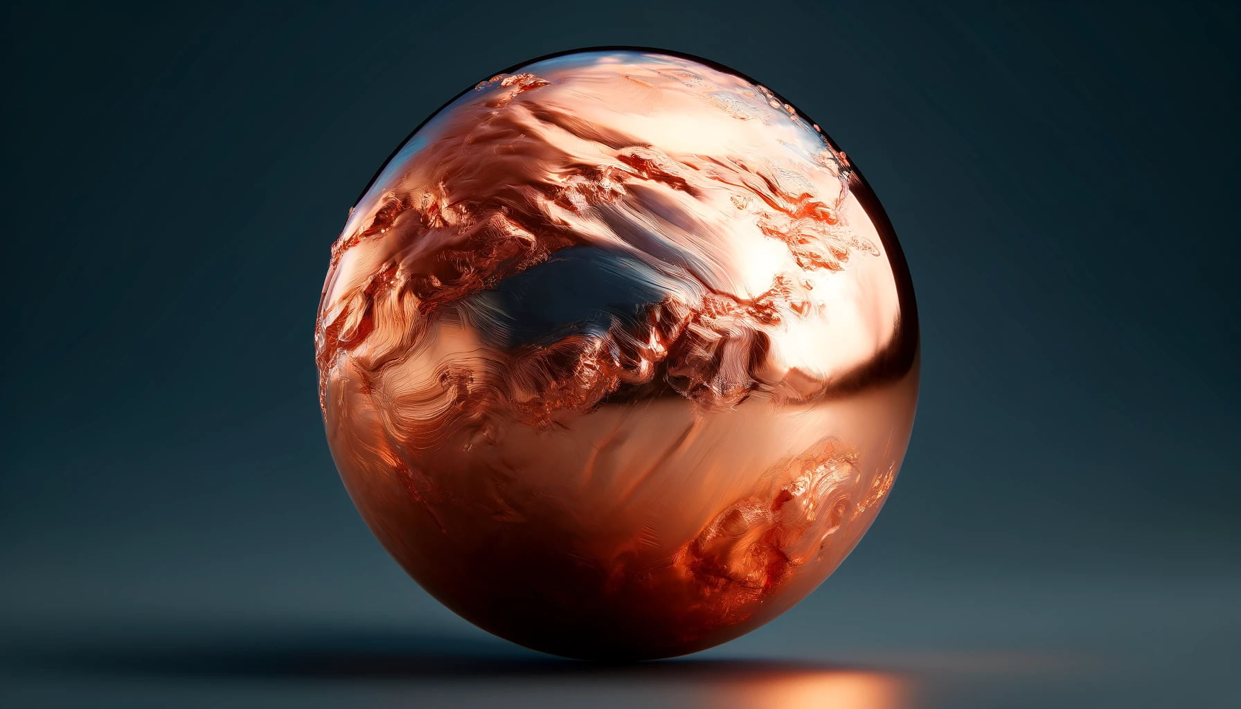 A photorealistic image of copper metal in a 3 dimensional sphere.