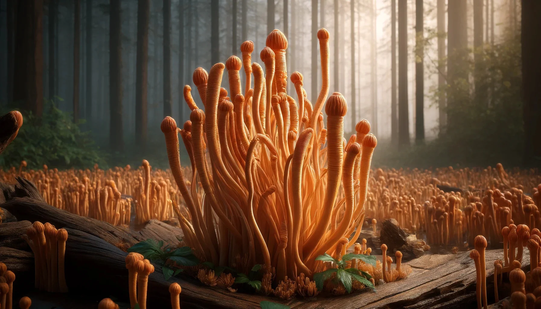 photorealistic image of cordyceps mushroom growing in a forest