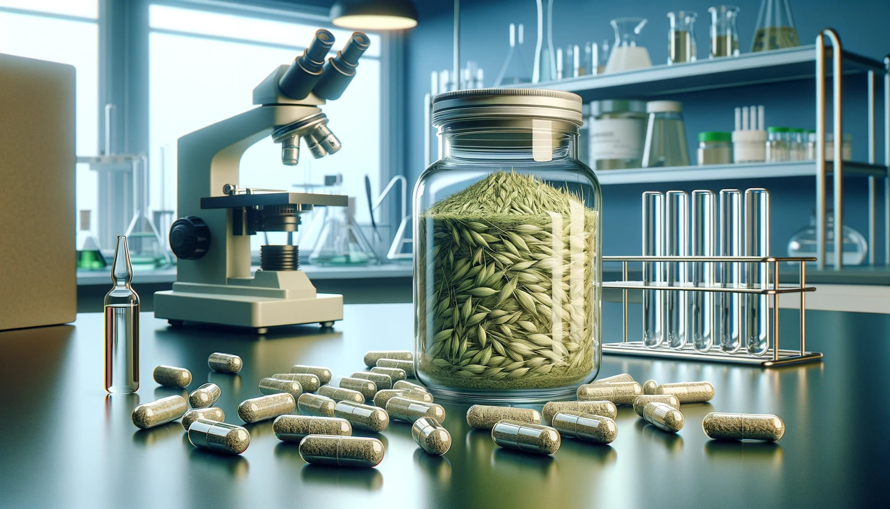 Photorealistic image of oat straw nootropic in a modern lab setting, featuring a glass container with light green oat straw powder, capsules, and laboratory equipment