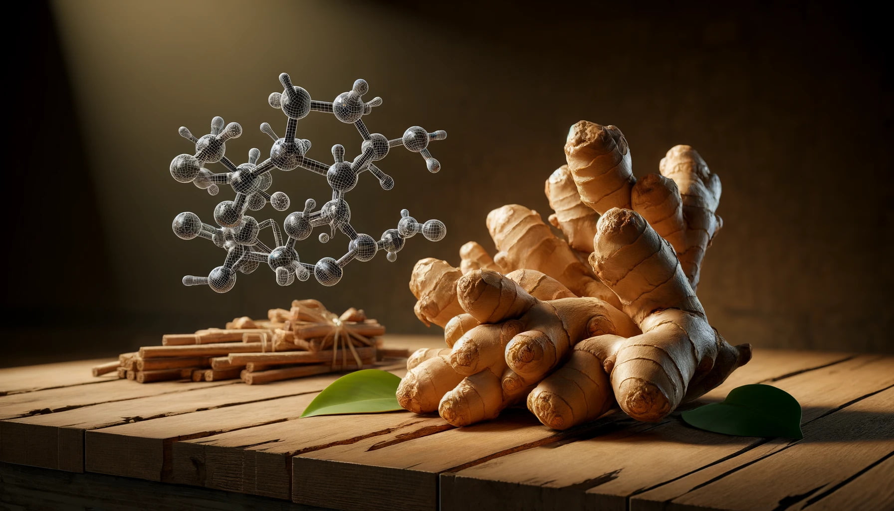 A photorealistic image of fresh ginger roots on a wooden surface, alongside a depiction of its molecular structure. 
