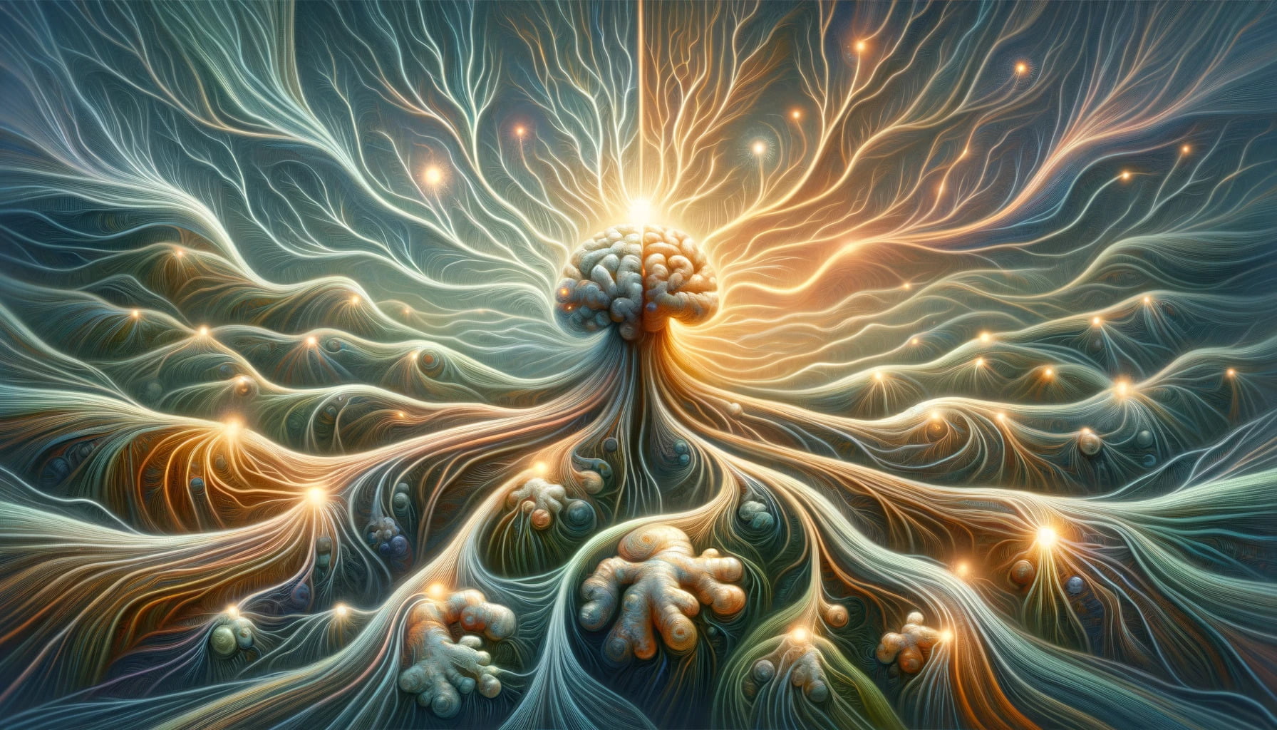An artistic interpretation of neural connections being enhanced by the nootropic compound ginger. The neural connections are depicted as intricate