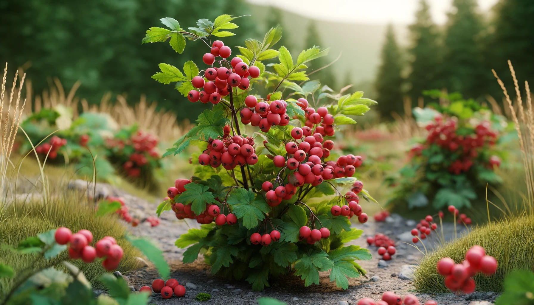 A photorealistic image of hawthorn berries in the wilderness