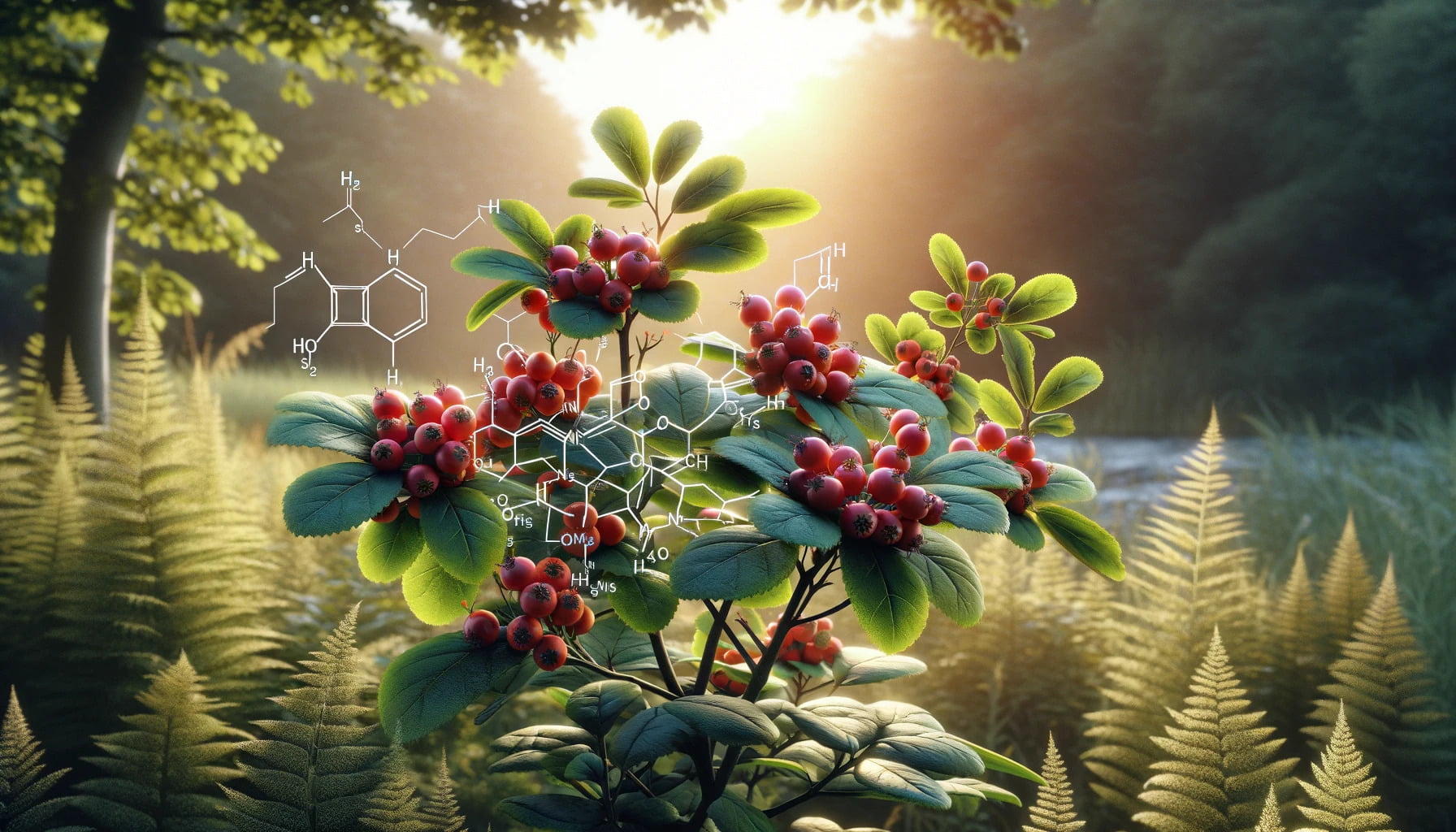 A photorealistic image of cognitive enhancer hawthorn with its molecular structure