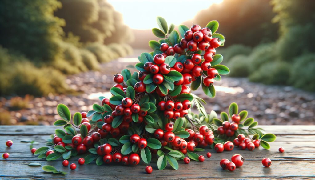 A photorealistic image of hawthorn berries in the sunshine