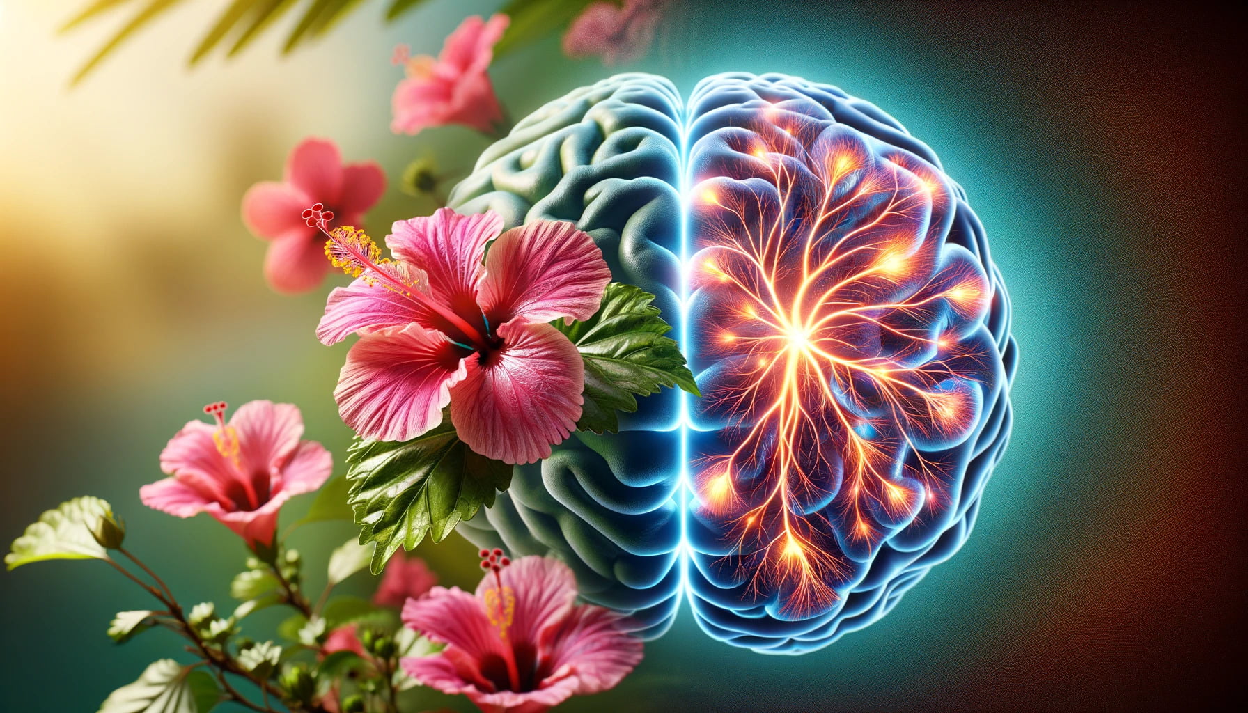 A photorealistic image of a hibiscus flower and its neurological impact on the brain in landscape format.