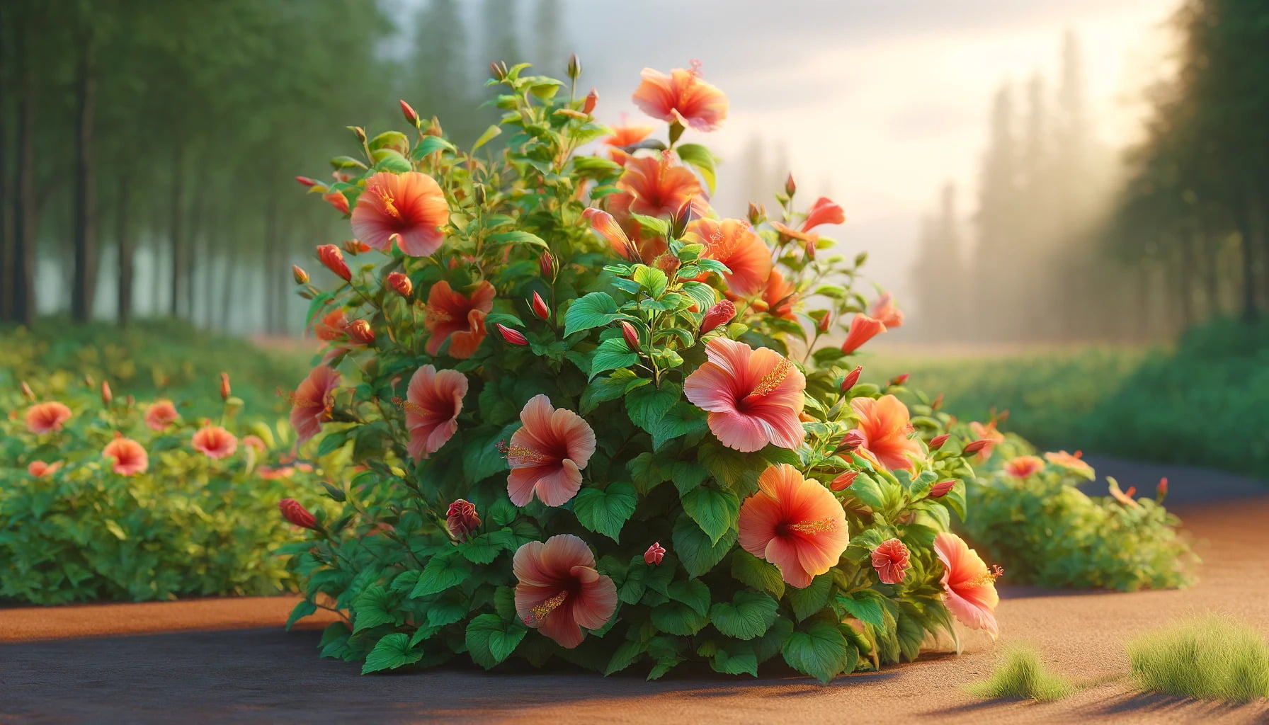 A photorealistic image of a hibiscus plant in landscape format. The plant is lush and vibrant, with multiple hibiscus flowers in full bloom.