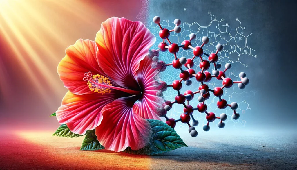 A photorealistic image of a hibiscus flower and its molecular structure in landscape format.