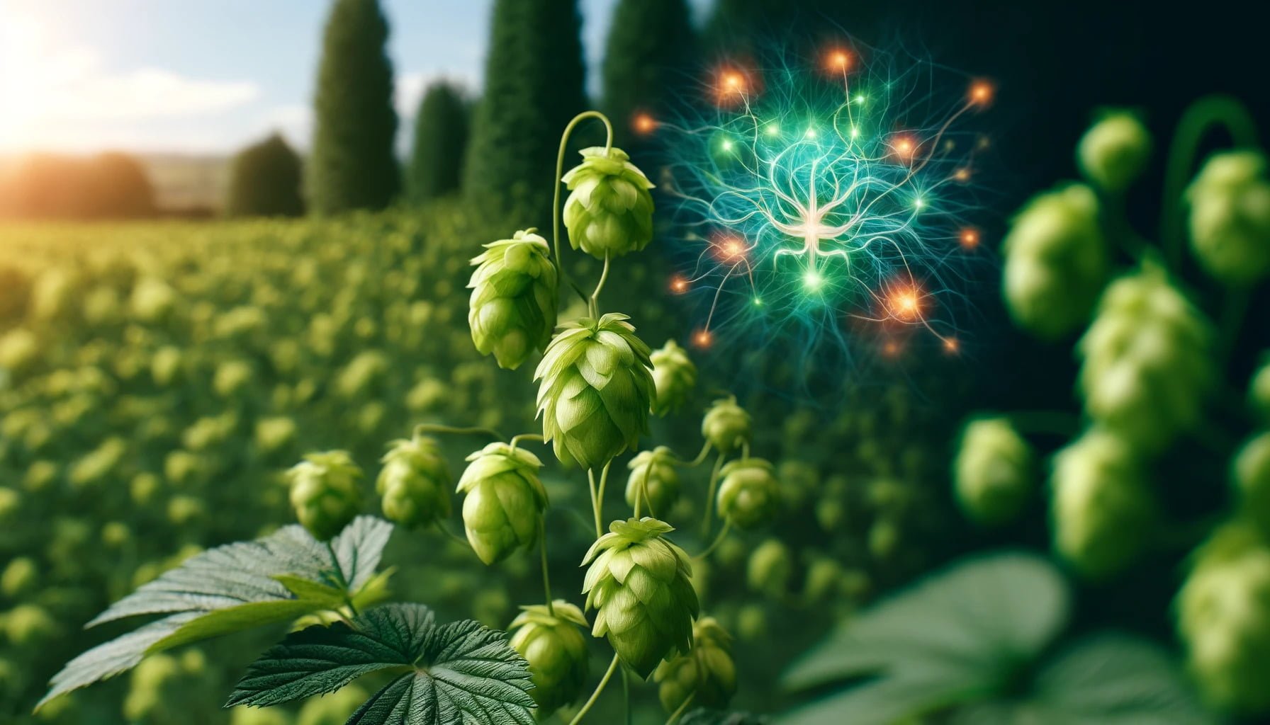 A photorealistic image of hops, showcasing its green, cone-shaped flowers and a depiction of its nootropic effects on cognition.