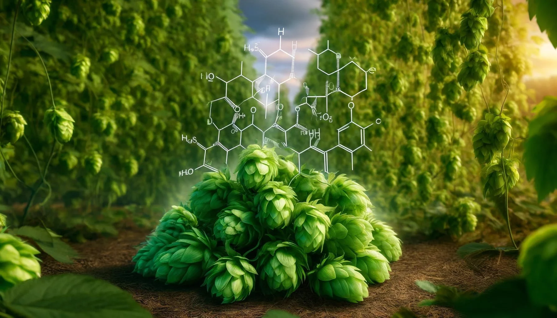 A photorealistic image of hops, featuring its green, cone-shaped flowers prominently displayed in a natural setting.