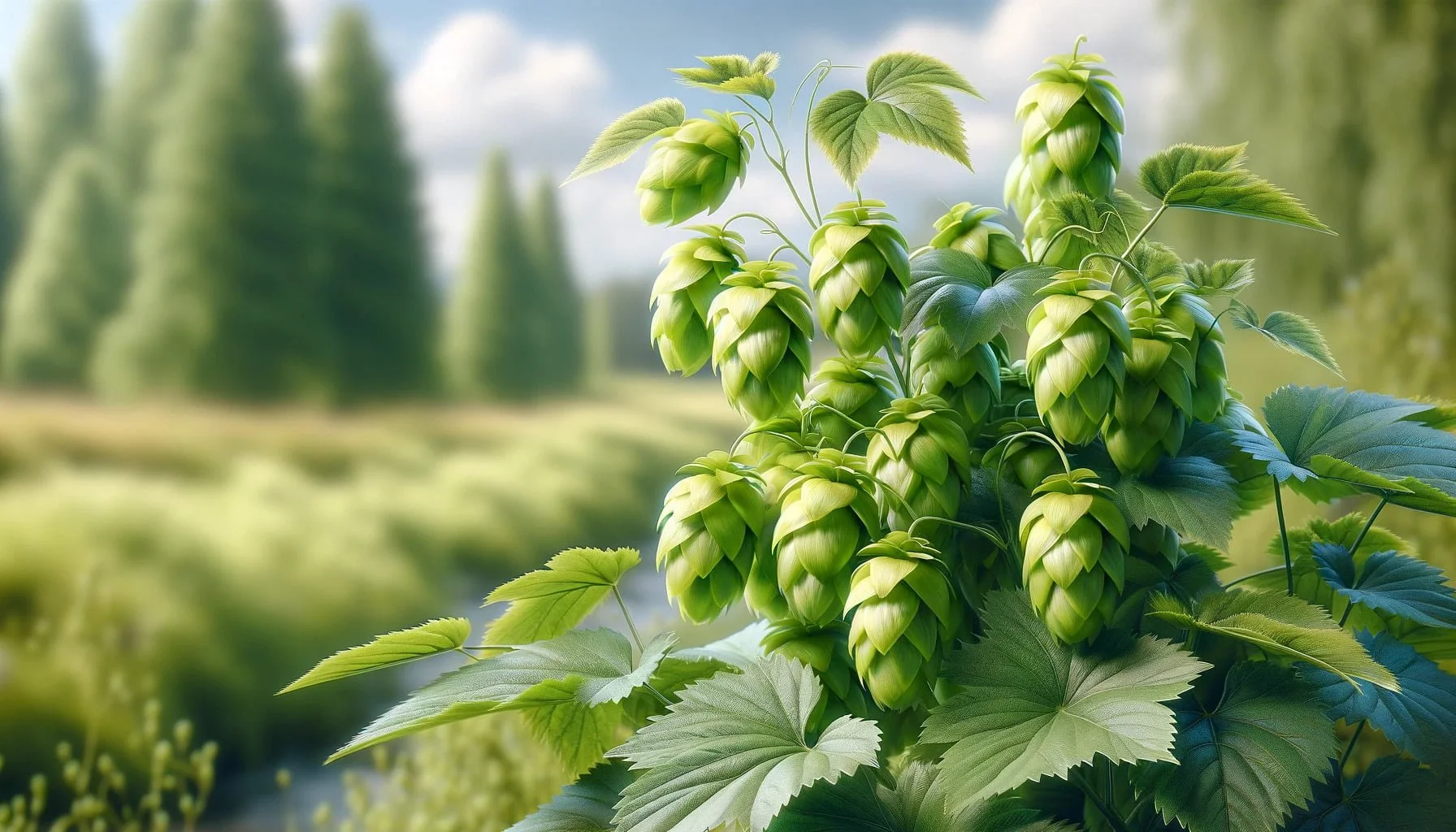 A photorealistic image of hops, featuring its green, cone-shaped flowers prominently displayed in a natural setting.