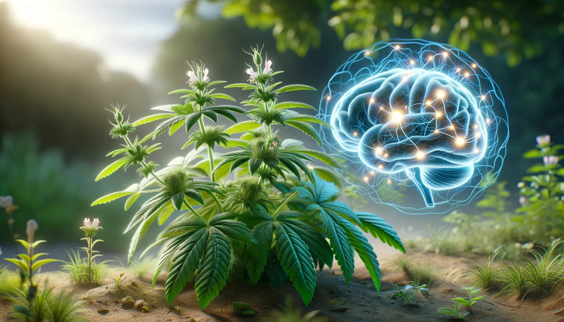 A photorealistic image of horny goat weed alongside a depiction of its nootropic effects on the brain.