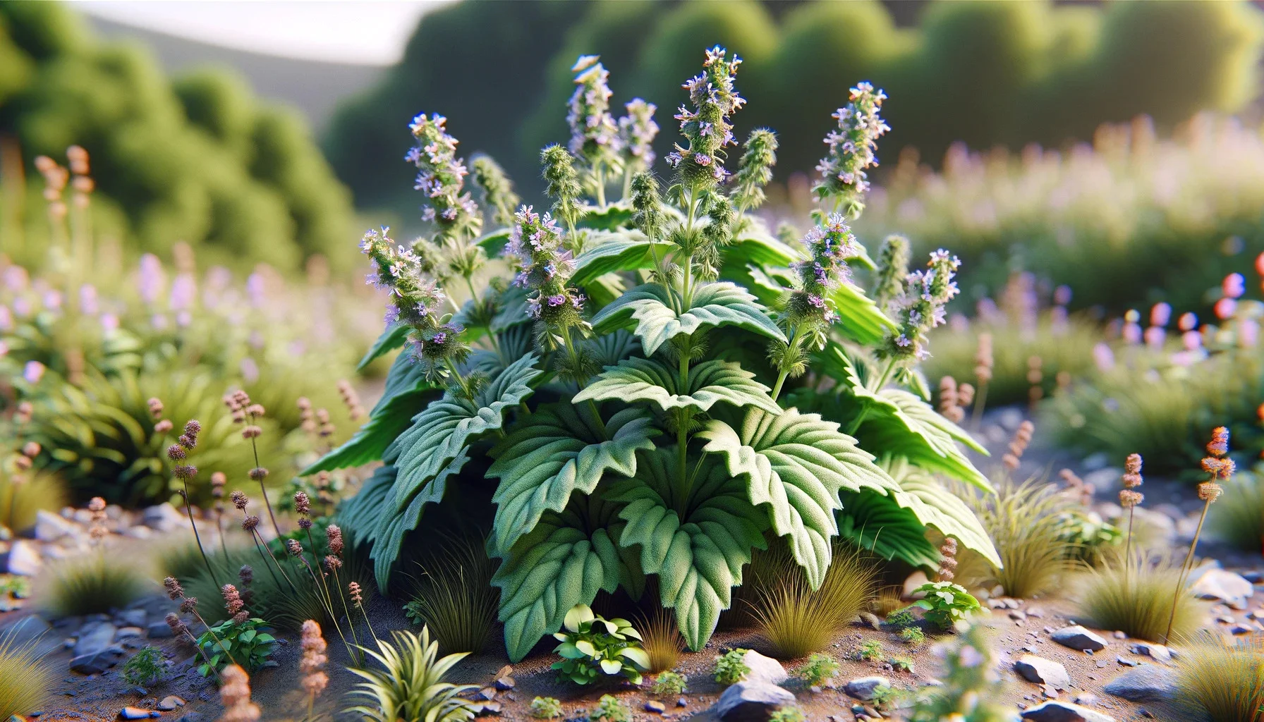 A photorealistic image of a horny goat weed plant in a landscape format.