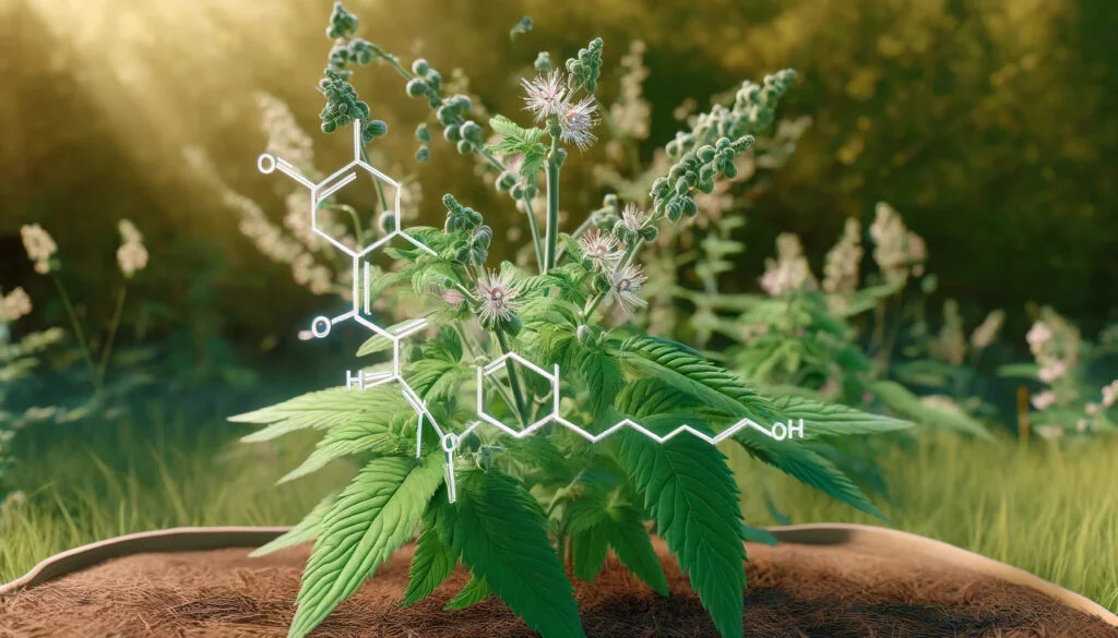 A photorealistic image of a horny goat weed plant alongside a depiction of its cognitive enhancing effects on the brain.