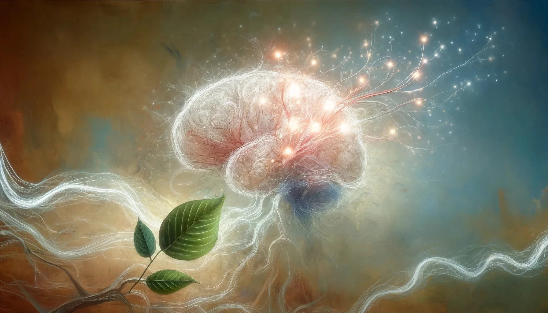 An artistic interpretation of neural connections in the brain being enhanced by a nootropic compound from kratom.