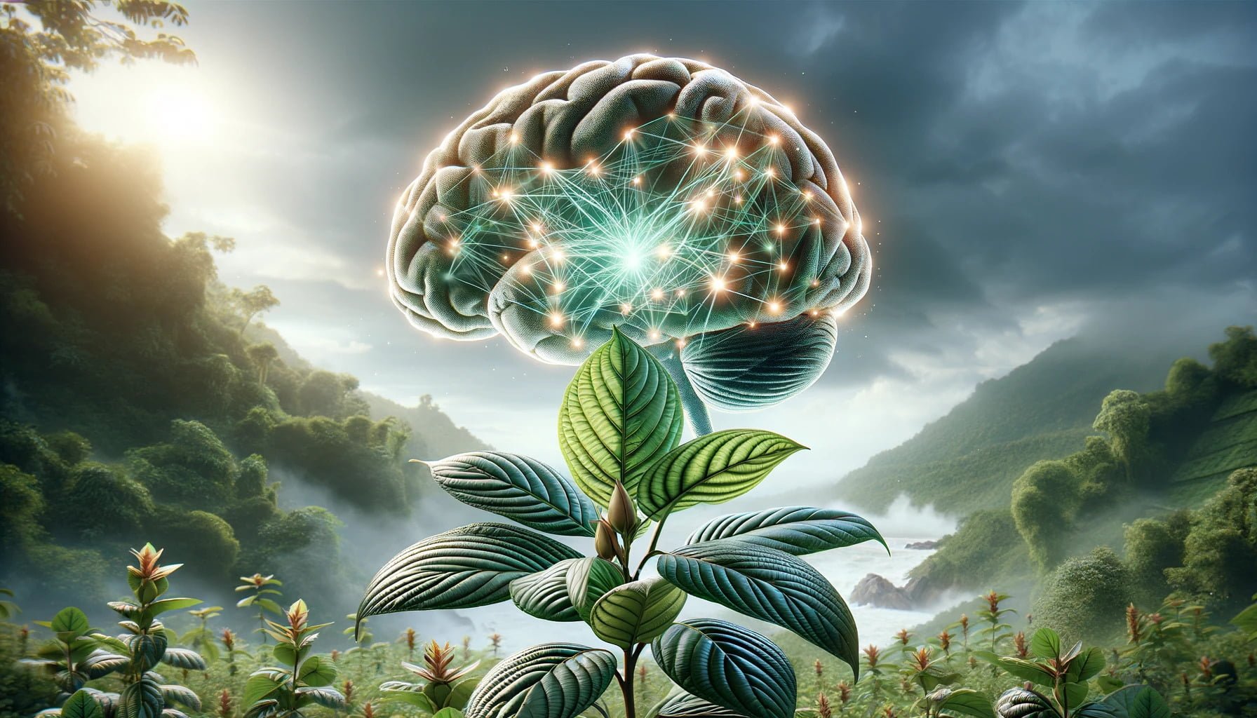 A photorealistic image of a kratom plant, featuring its leaves prominently displayed with its nootropic effect on the brain.