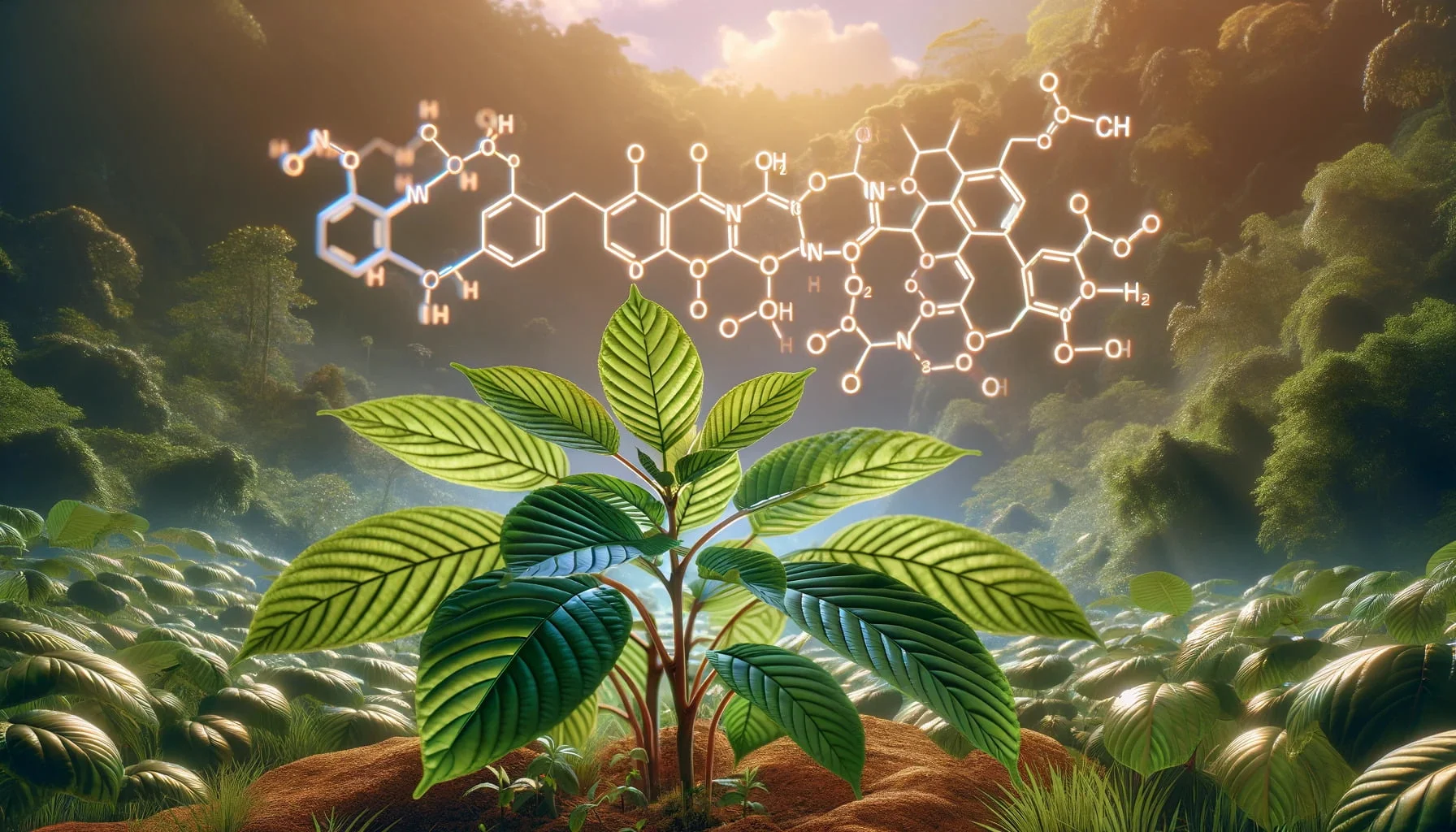 A photorealistic image of a kratom plant, featuring its leaves prominently displayed in a natural setting.