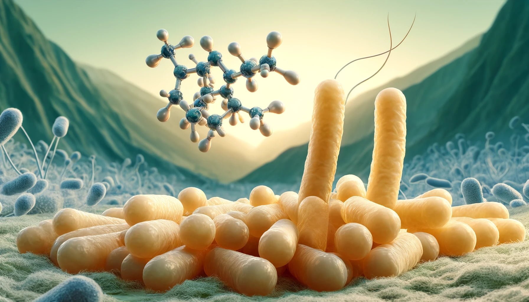 A photorealistic image of Lactobacillus Rhamnosus, depicting its rod-shaped bacterial form in detail.