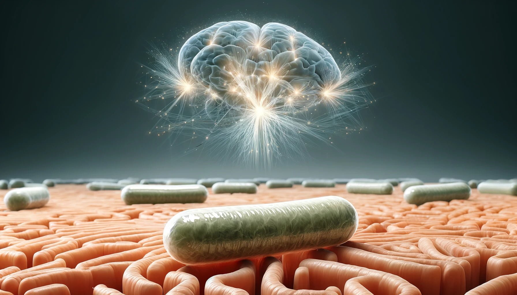 A photorealistic image of Lactobacillus Rhamnosus, depicting its rod-shaped bacterial form in detail, with a depiction of the nootropic effects.