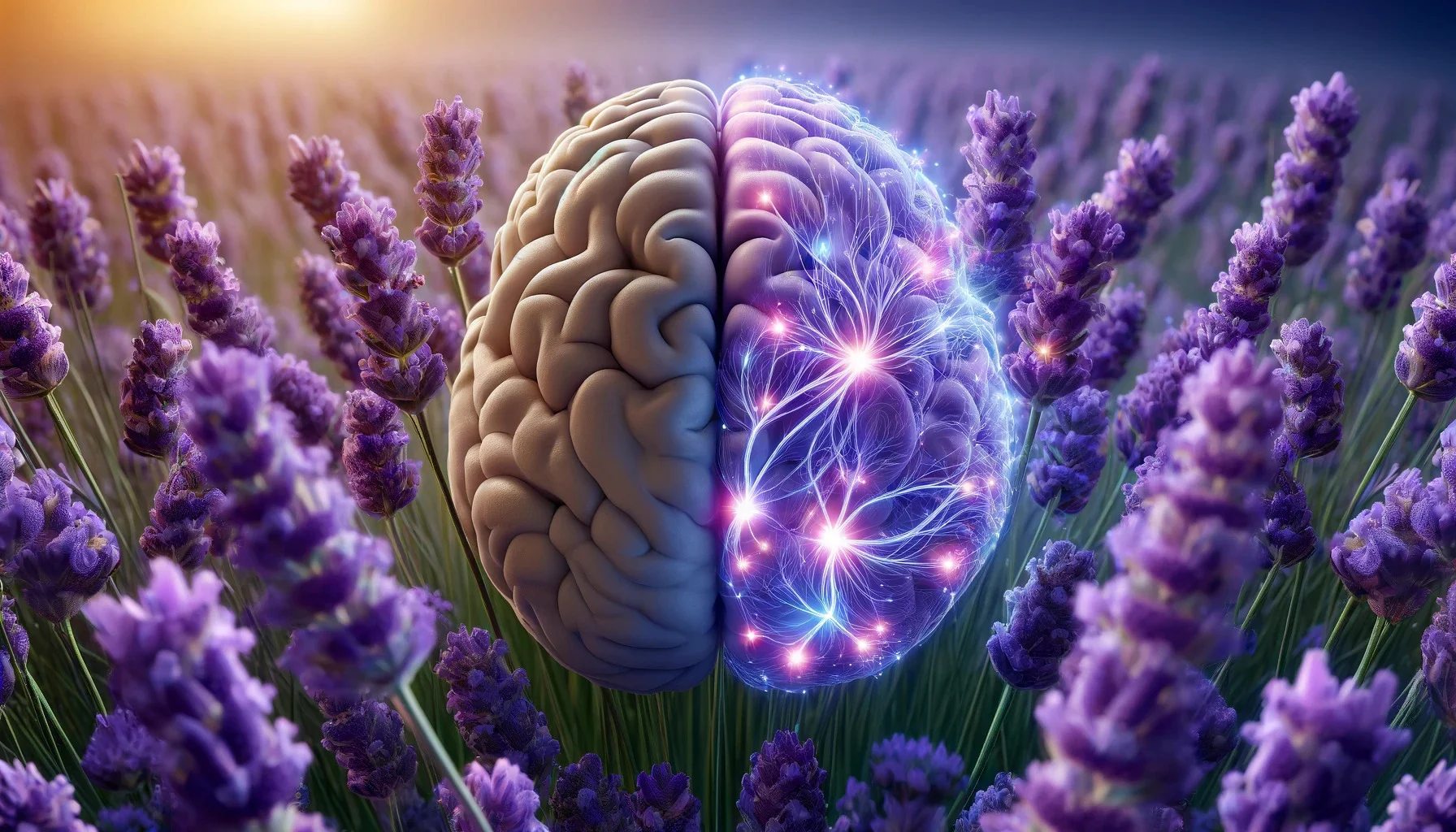 A photorealistic image of lavender and its neurological impact on the brain in landscape format.