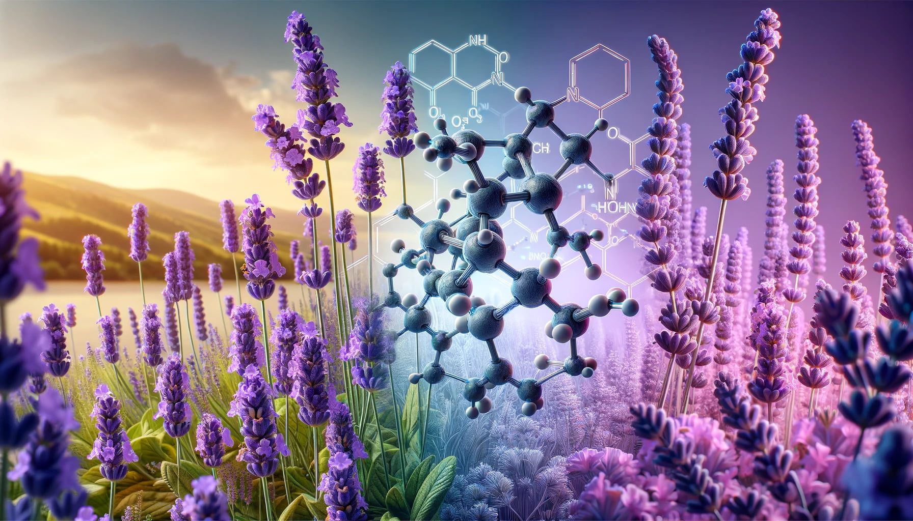 A photorealistic image of lavender and its molecular structure in landscape format.