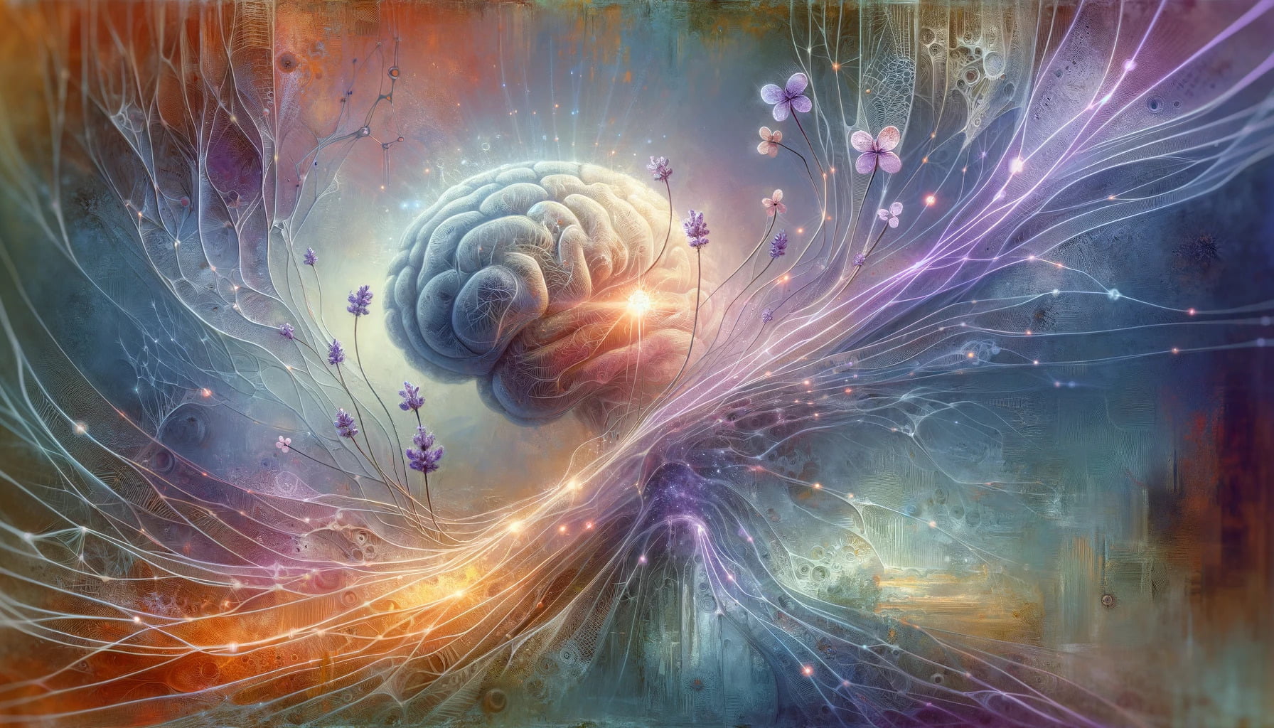 An artistic interpretation of neural connections in the brain being enhanced by the nootropic compound lavender. 