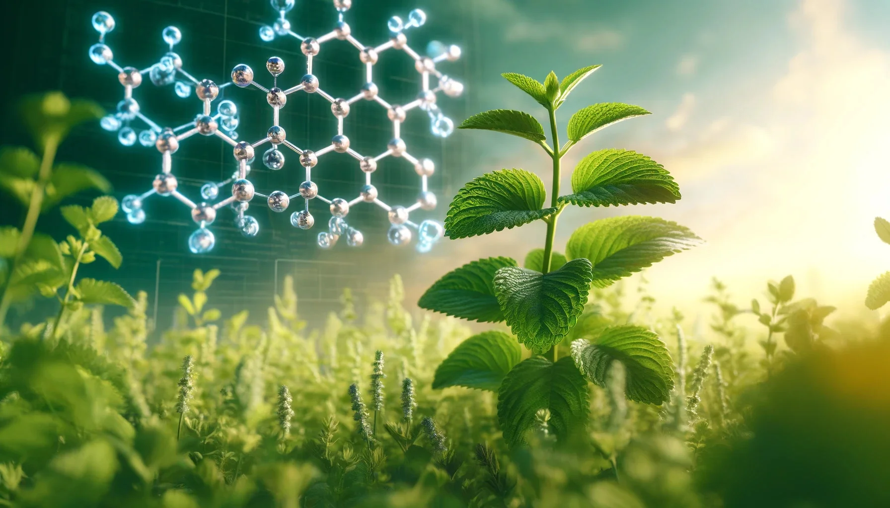  A photorealistic image of lemon balm, with its vibrant green leaves prominently displayed with its molecular structure.