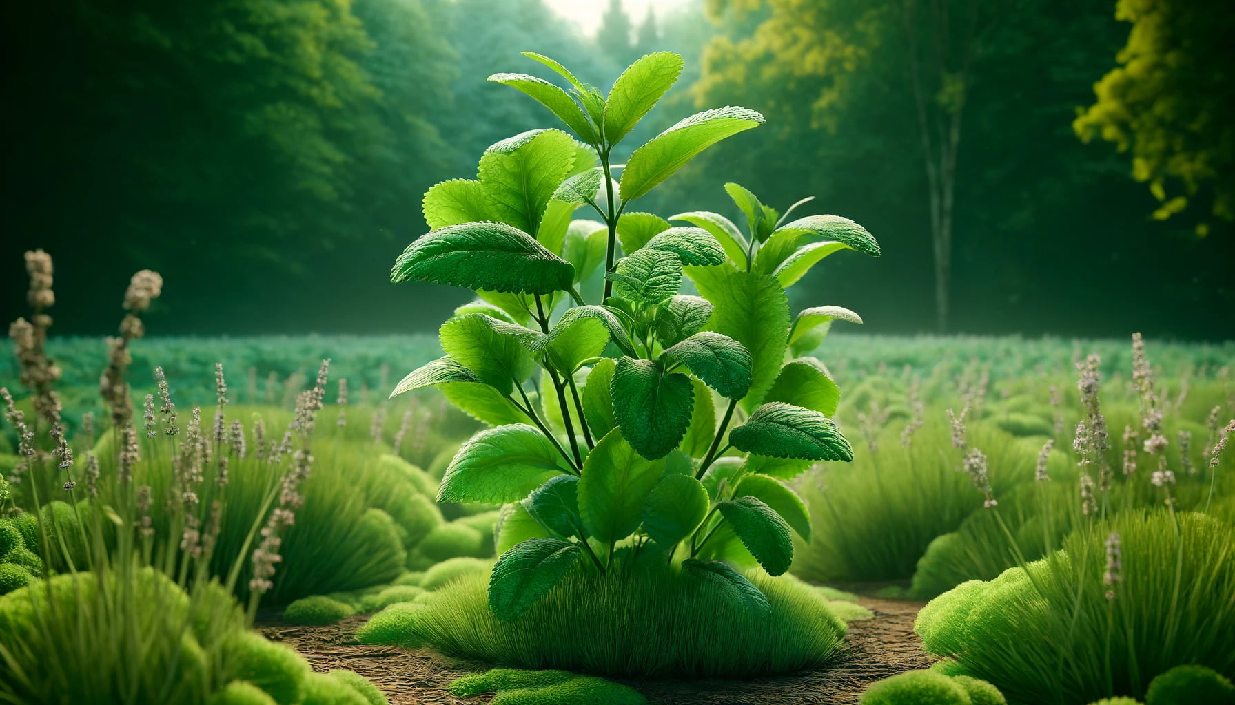 A photorealistic image of lemon balm, featuring its vibrant green leaves prominently displayed in a natural setting.