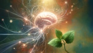 An artistic interpretation of neural connections in the brain being enhanced by a nootropic compound from lemon balm.