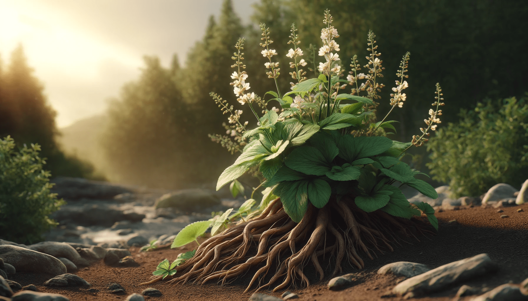 A photorealistic image of a licorice plant, featuring its roots, leaves, and flowers prominently displayed in a natural setting. 