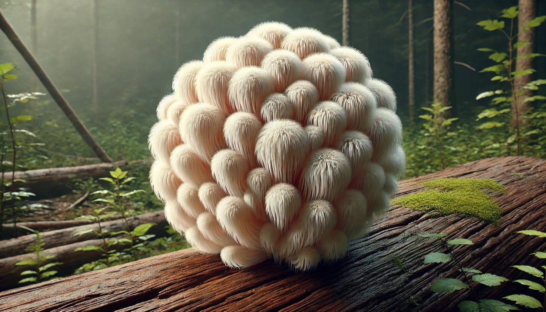 A photorealistic image of lions mane mushroom growing on a log.