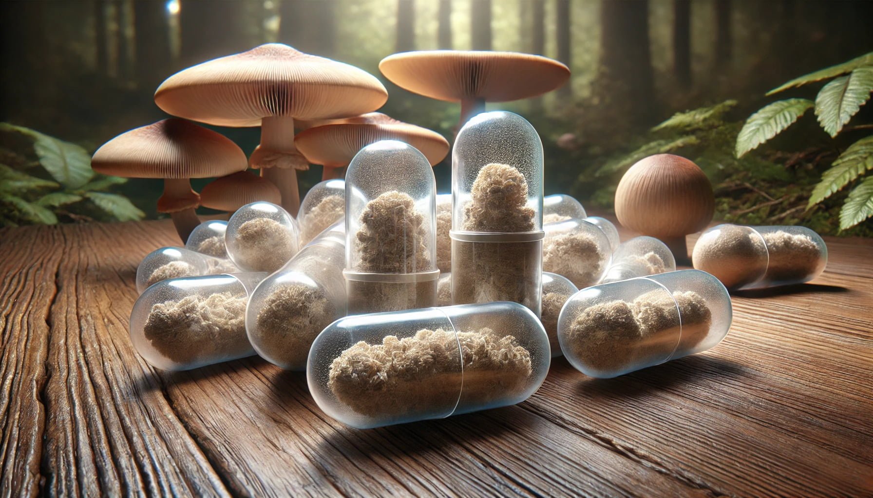 A photorealistic image of lion's mane mushroom capsules.