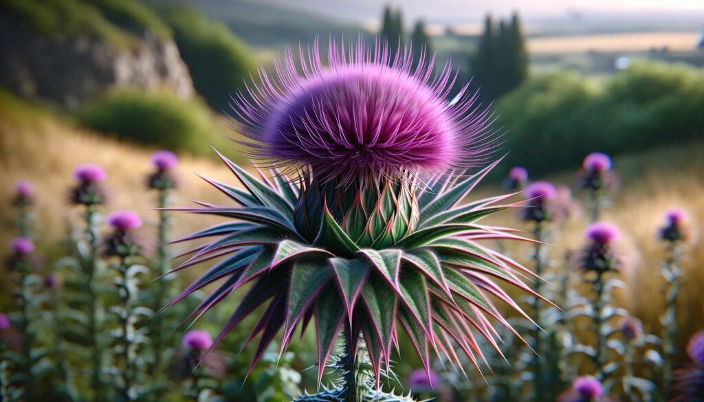 A photorealistic image of milk thistle plant in a field