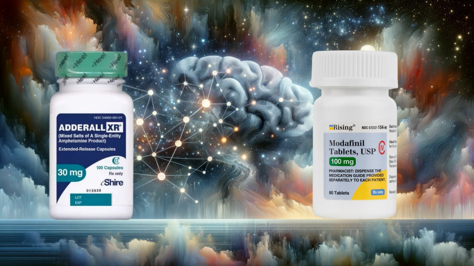 Abstract comparison of Modafinil and Adderall's effects on cognitive enhancement.