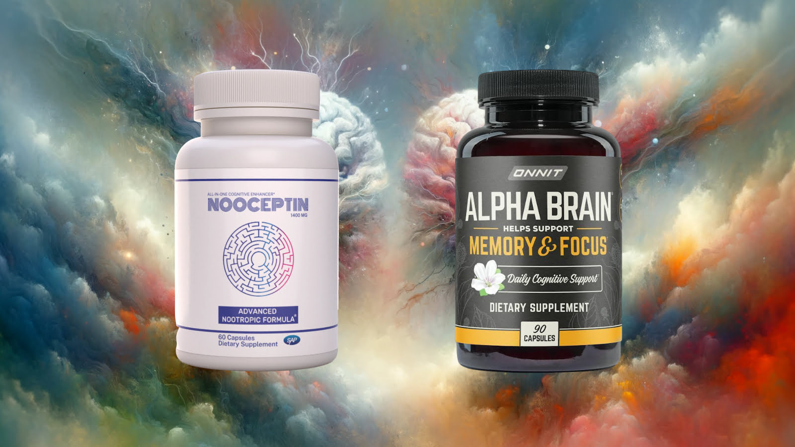 Comparing the effects of Nooceptin and Alpha Brain on brain enhancement in an abstract, artistic interpretation.