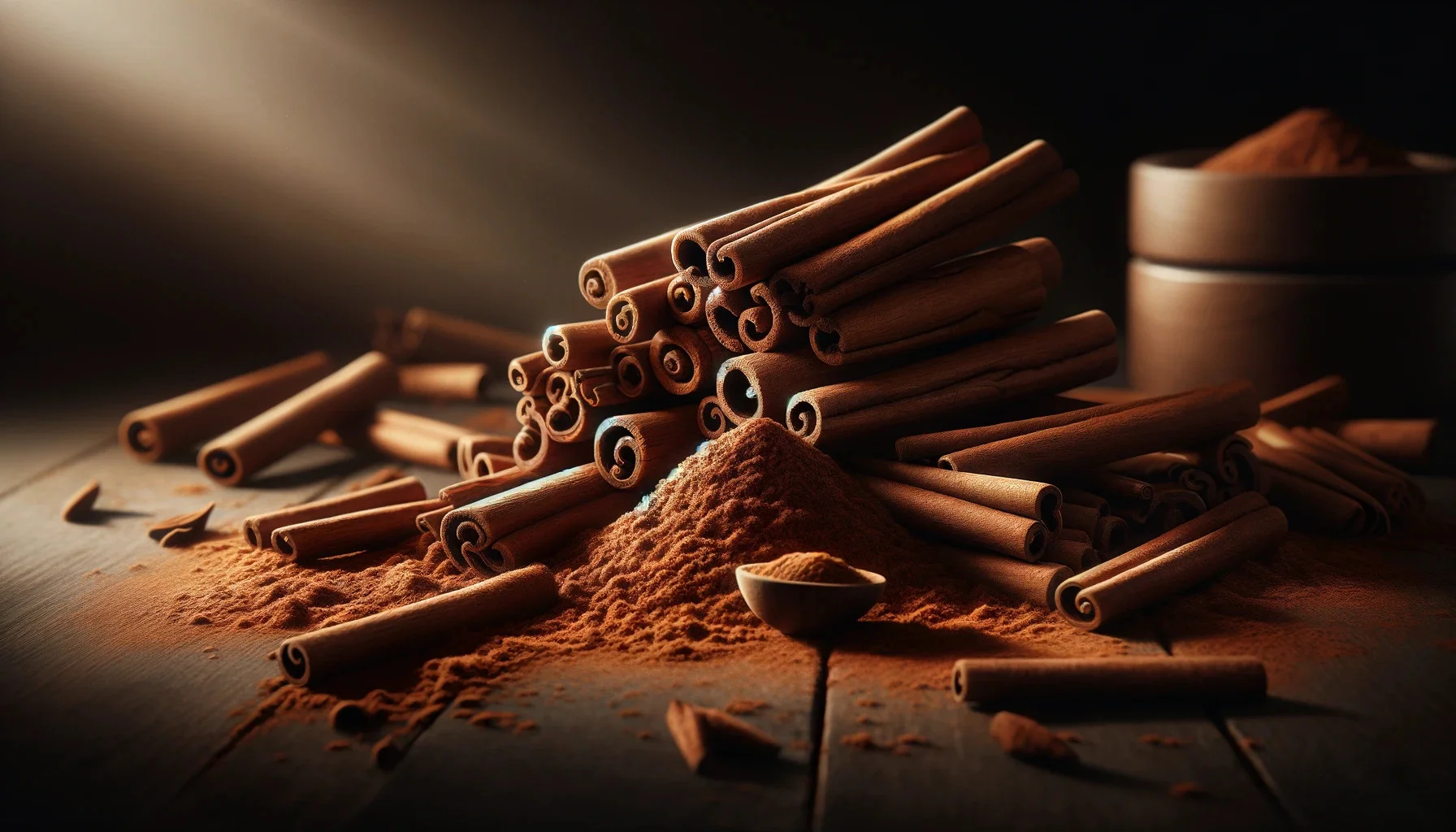 A photorealistic landscape image of cinnamon, focusing on a mix of cinnamon sticks and ground cinnamon. The scene captures cinnamon sticks piled