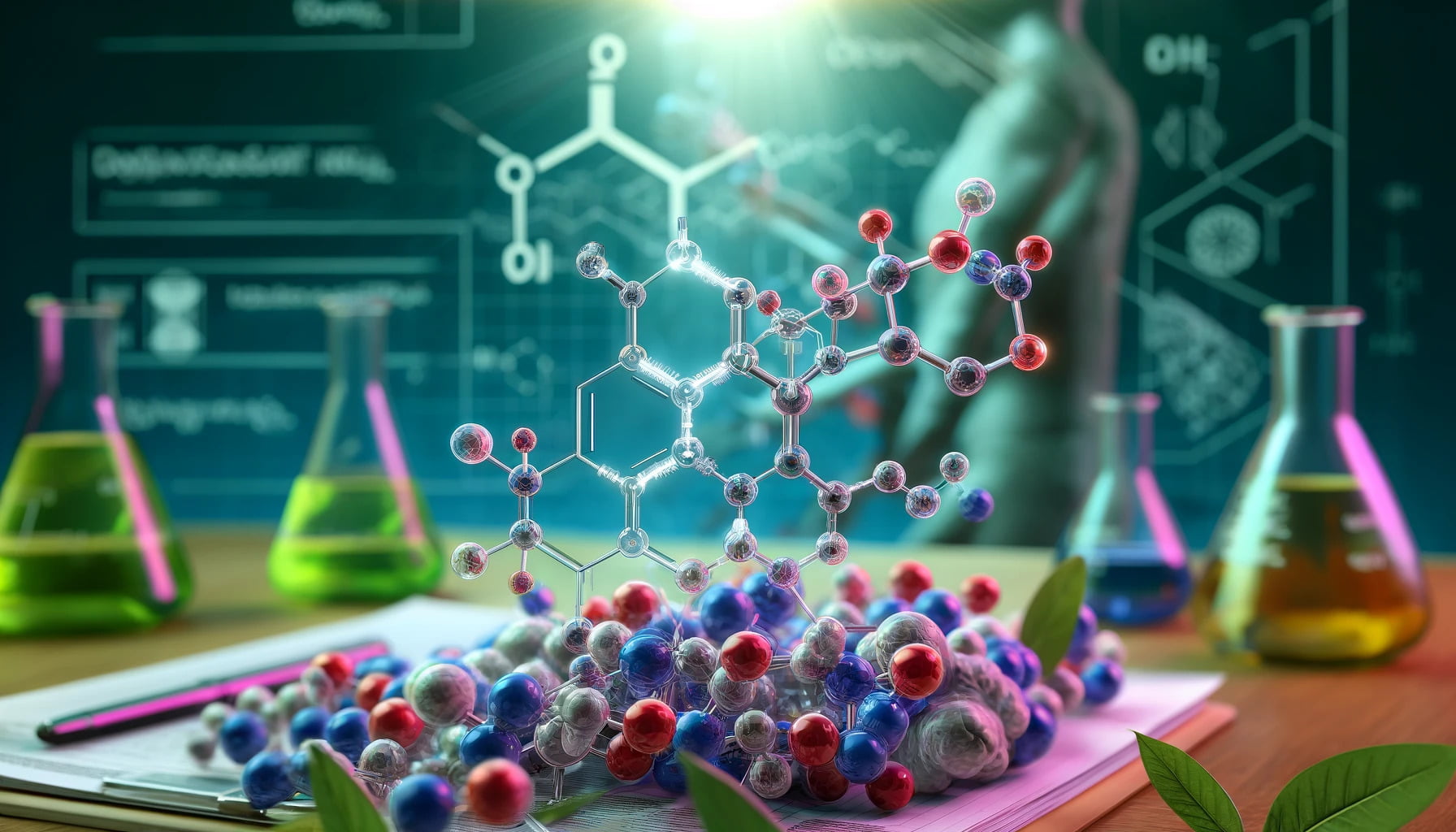 Detailed photorealistic representation of the nootropic compound Andrographis Paniculata, emphasizing its molecular complexity.