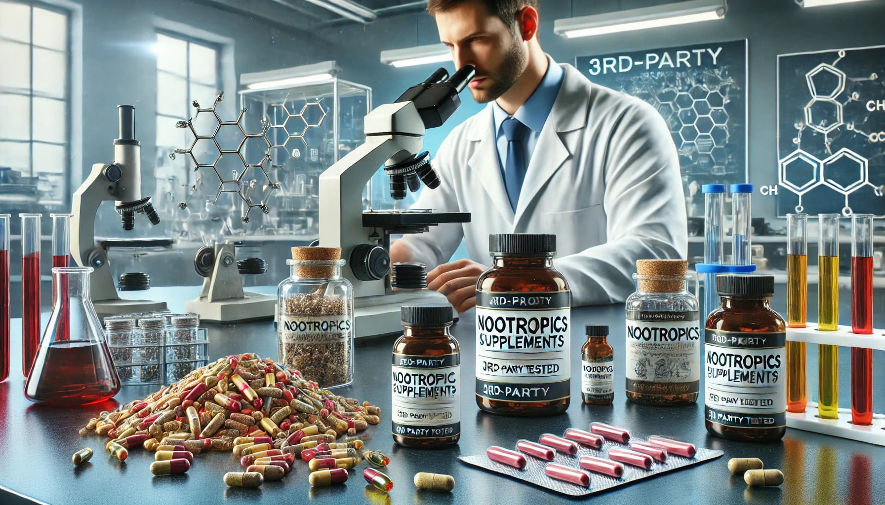 A photorealistic image of nootropics going through third-party testing.