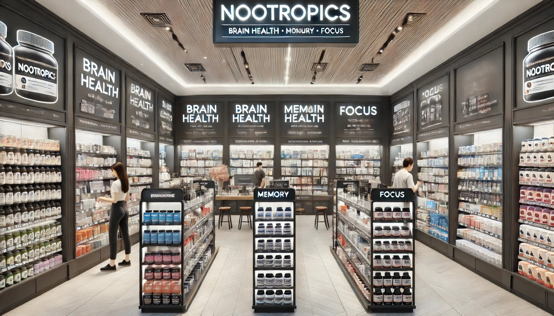 A photorealistic image of a nootropics store