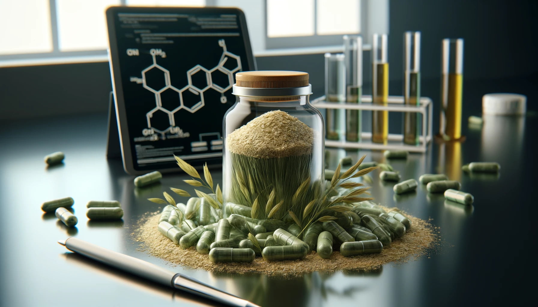 Photorealistic image of oat straw nootropic compound displayed in a modern laboratory setting, featuring a glass jar filled with greenish-gold oat straw powder