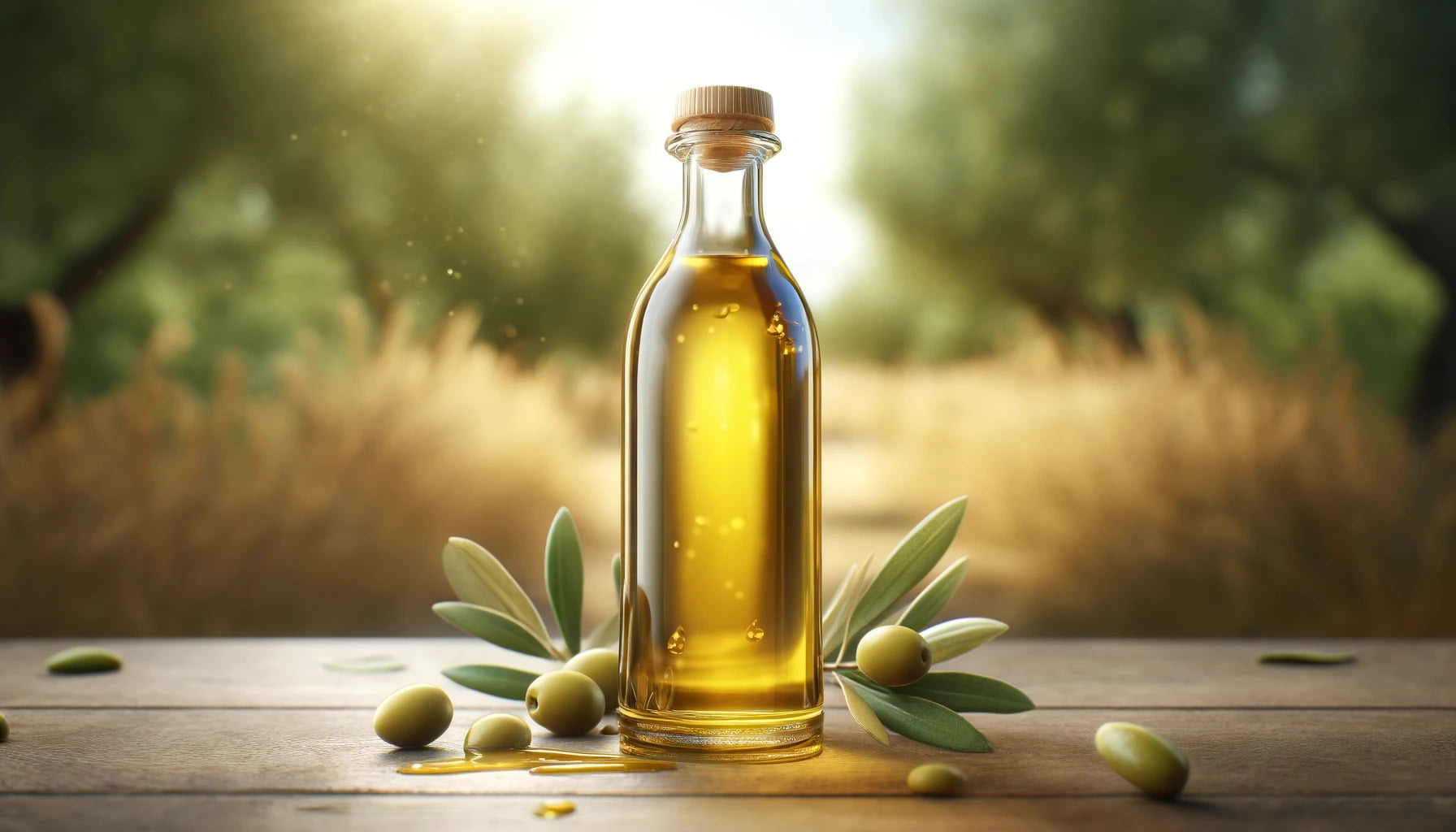 A photorealistic image of a bottle of olive oil in a landscape format. 